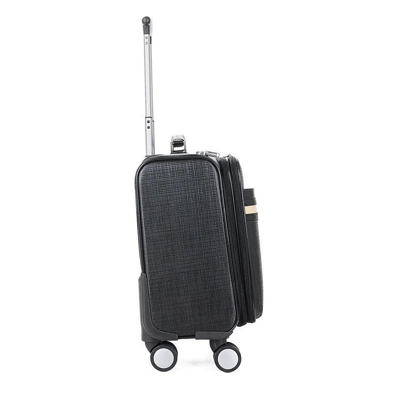 Black PU leather business case with airplane wheels and built-in lock, 18-inch carry-on size