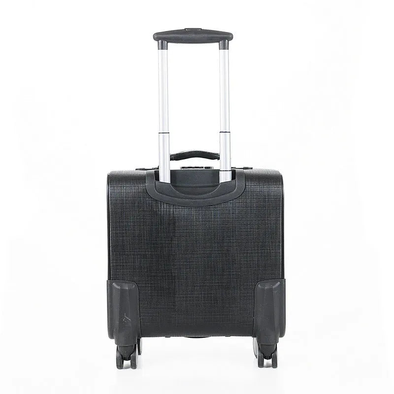 Black PU leather business case with airplane wheels and built-in lock, 18-inch carry-on size