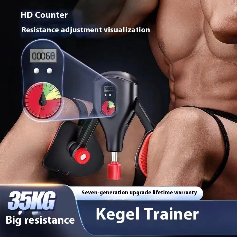Black and grey men's Kegel trainer for PC muscle exercise, shown with and without straps and handle.