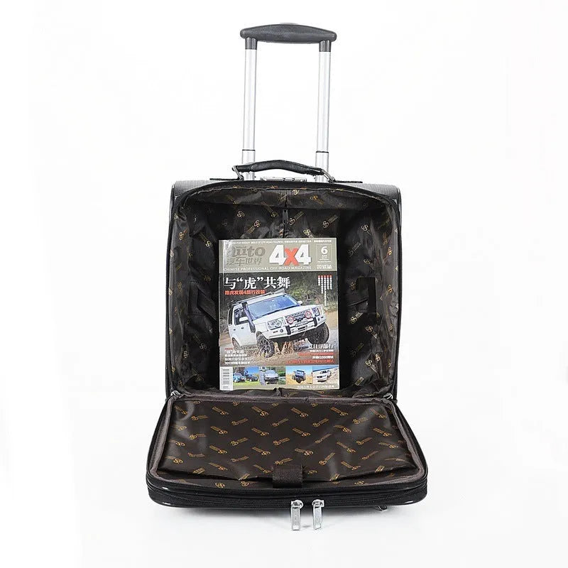 Black PU leather business case with airplane wheels and built-in lock, 18-inch carry-on size