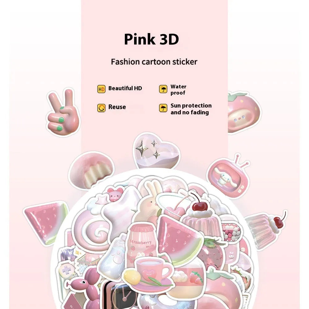 Pink girly heart decorative stickers pack with 63 pieces, showing 3D realistic effect in a cute style.