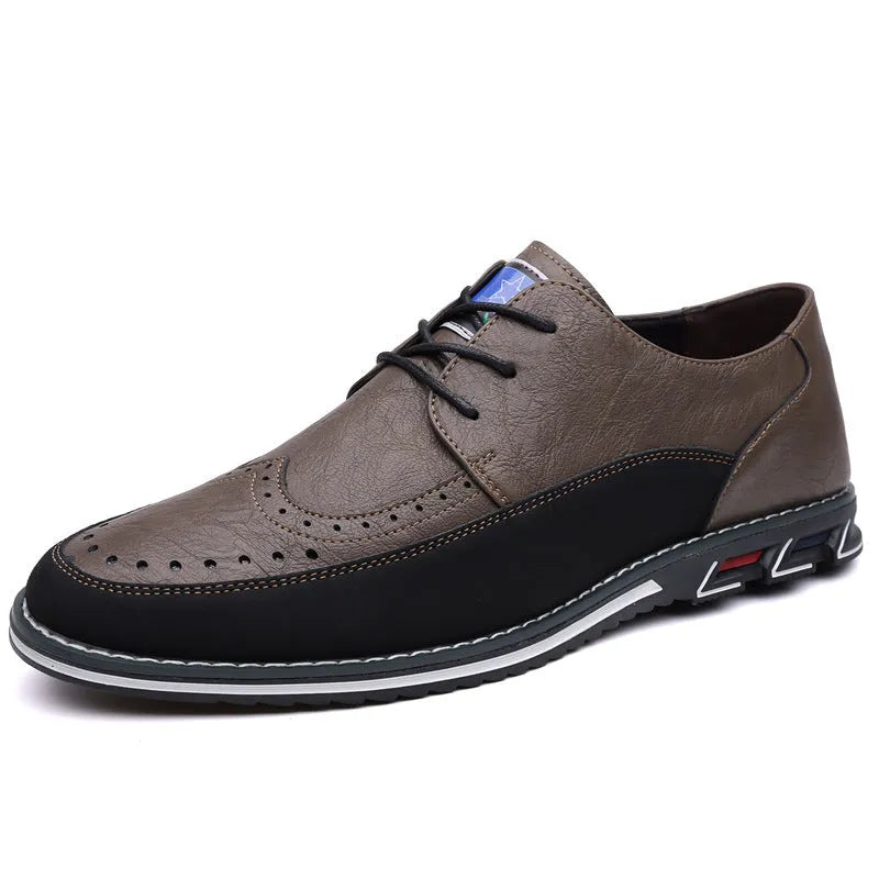 Men's casual leather shoes in black with rubber sole, leather toe cap, and stitching detail.