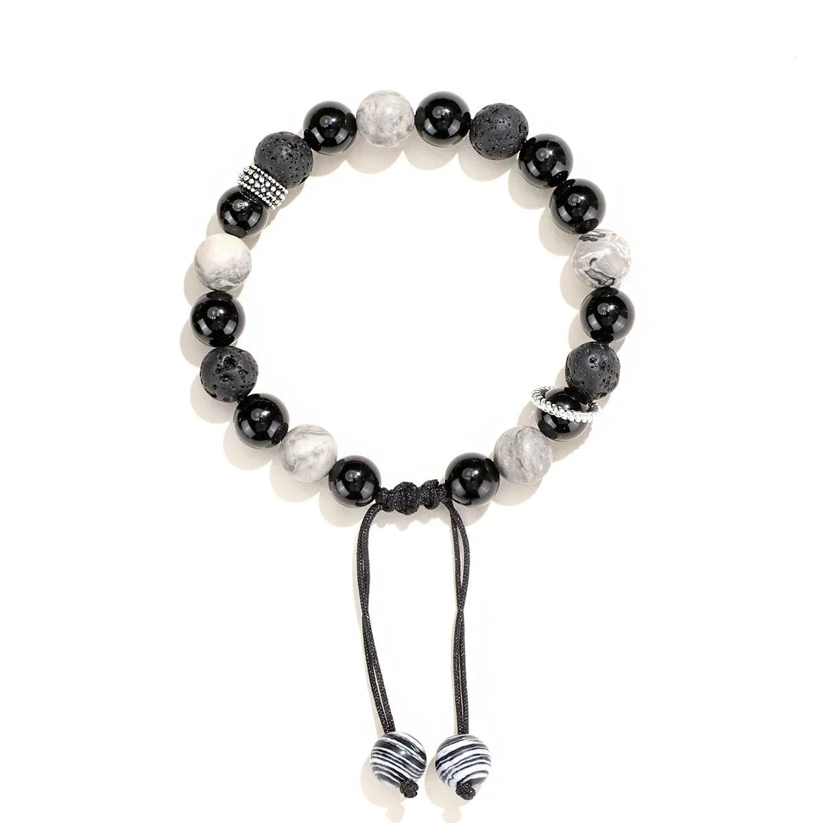 Black agate map stone volcanic rock bracelet with diamond-shaped beads and electroplated metal fittings