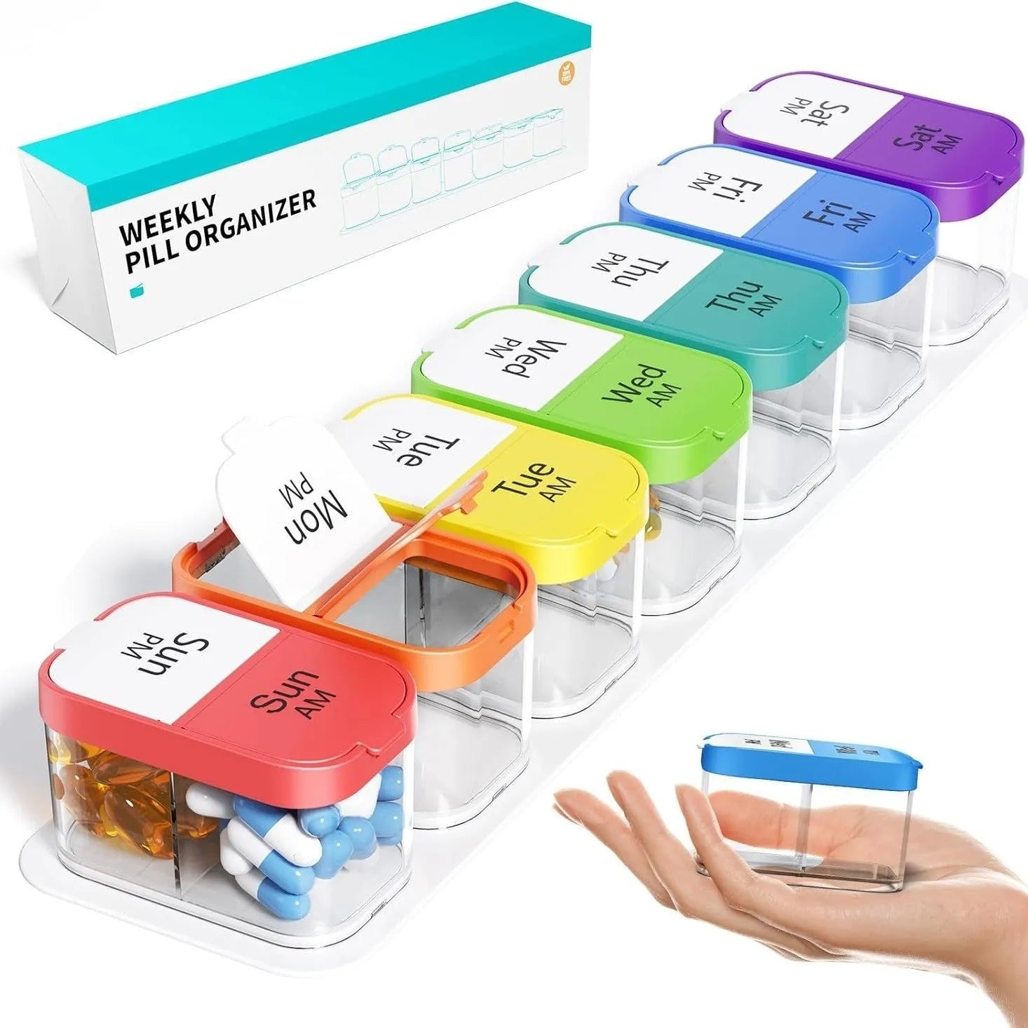 Portable pill box dispenser with 14 removable compartments showing white and rainbow colour options