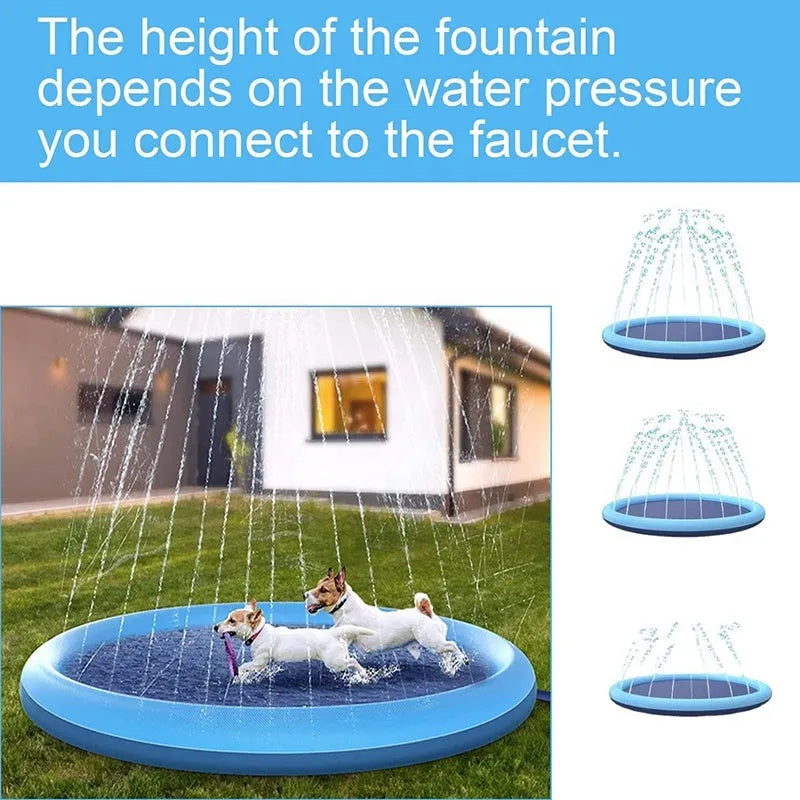Large blue dog splash pad with water jets spraying, dog playing in centre on non-slip textured surface