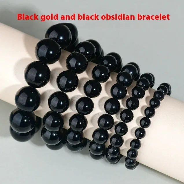 Hand-woven obsidian couple bracelet set with year of birth engraving in ethnic unisex style