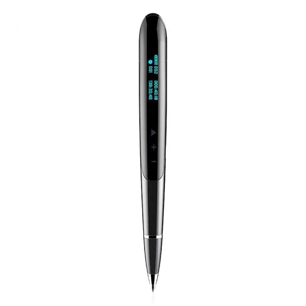 Black and silver recording pens with display screens, showing capacity options and included headphones and cable.