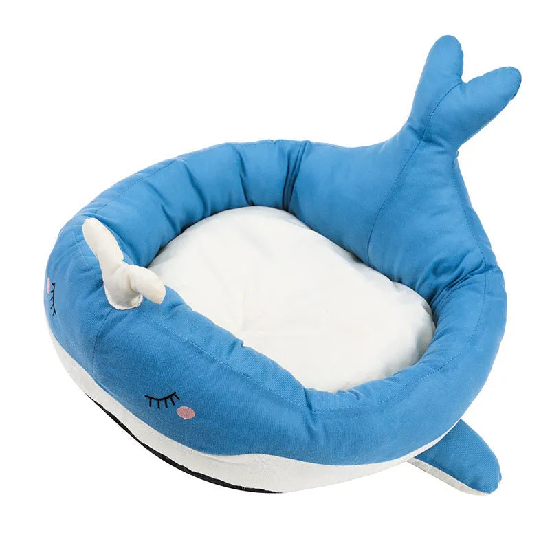 Blue duck-shaped pet bed sofa for small dogs and cats on white background