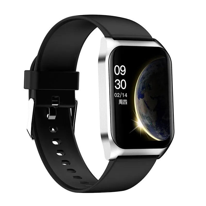 Black or silver smart watch with colour touchscreen and silicone strap for heart rate and Bluetooth calls.
