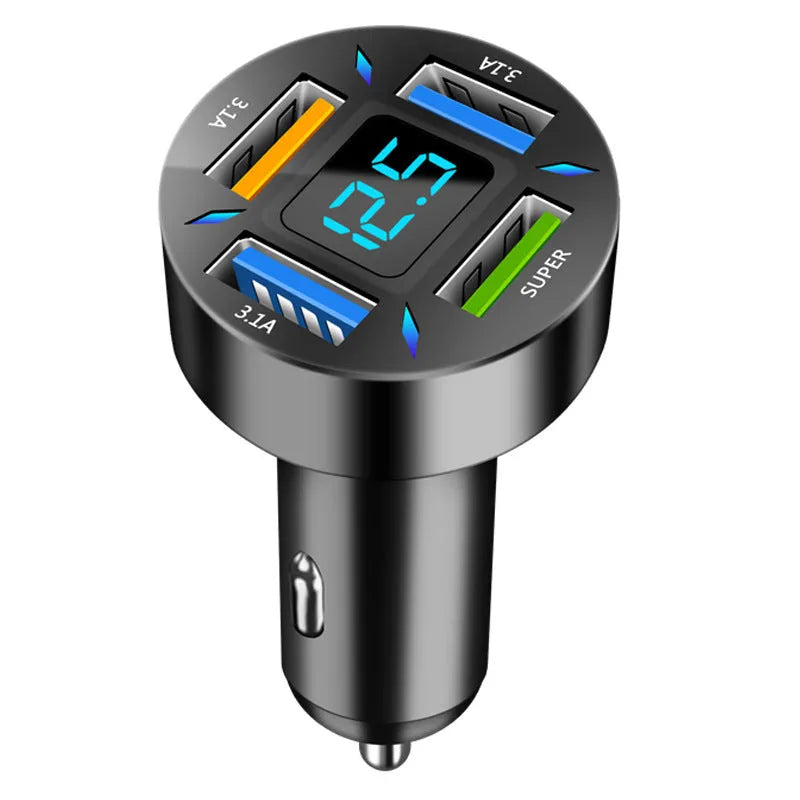 Four-port USB car charger with digital voltage display showing output reading