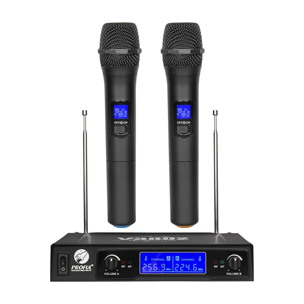 V-3002 wireless microphone system with two black handheld microphones and a transmitter unit.