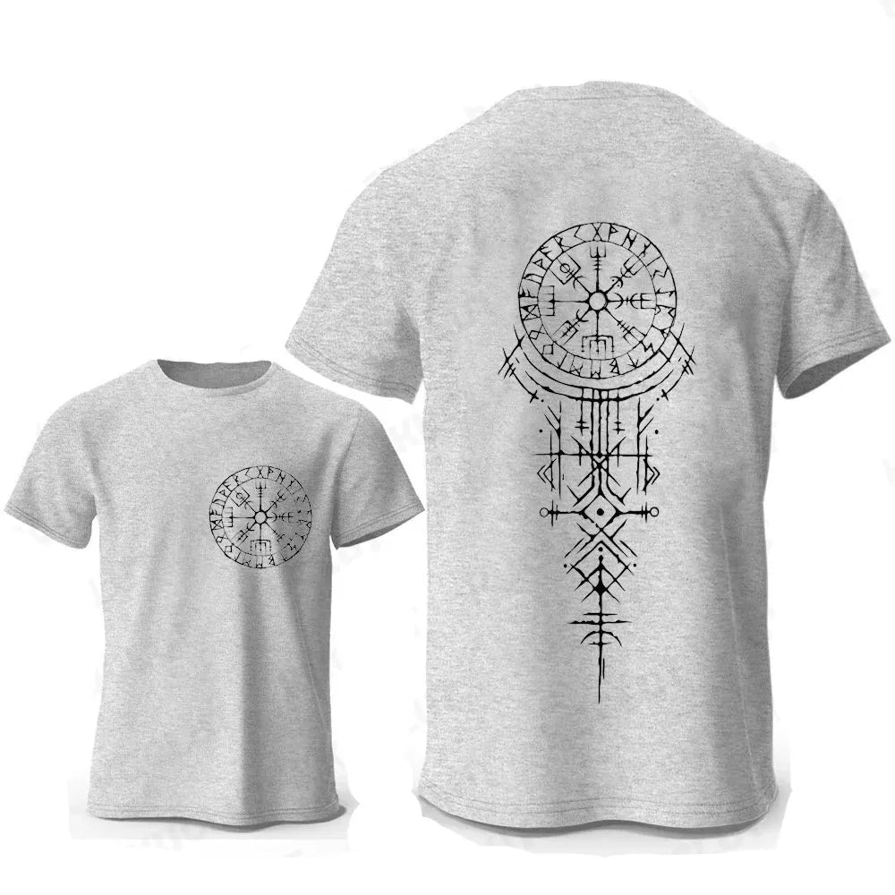 Viking rune compass graphic on a men's pure cotton T-shirt.