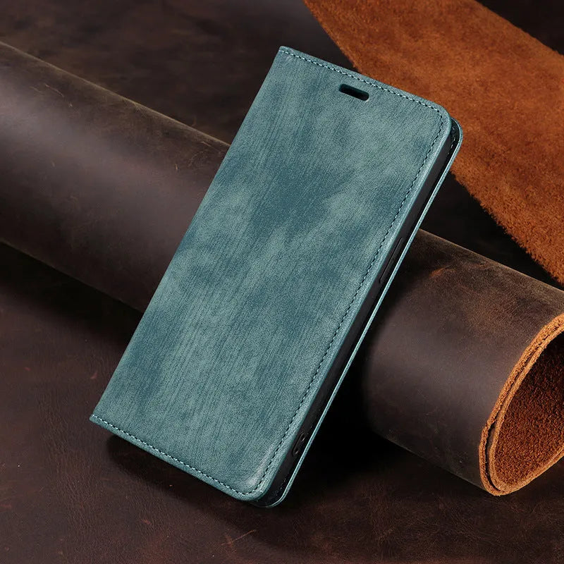 Magnetic flip phone case for iPhone in various colours showing TPU and leather construction