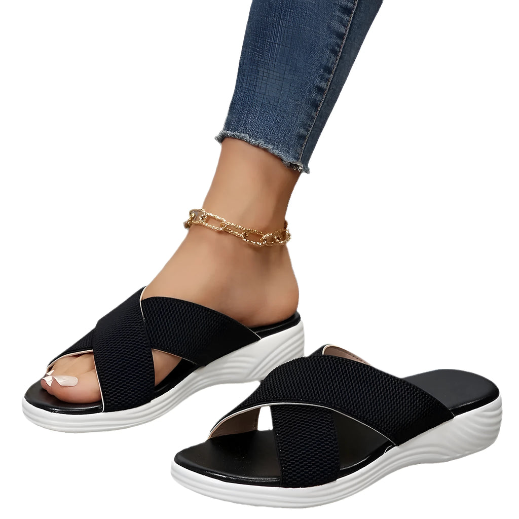 Black women's wedge heel peep-toe slippers with cross-strap design on a thick rubber sole