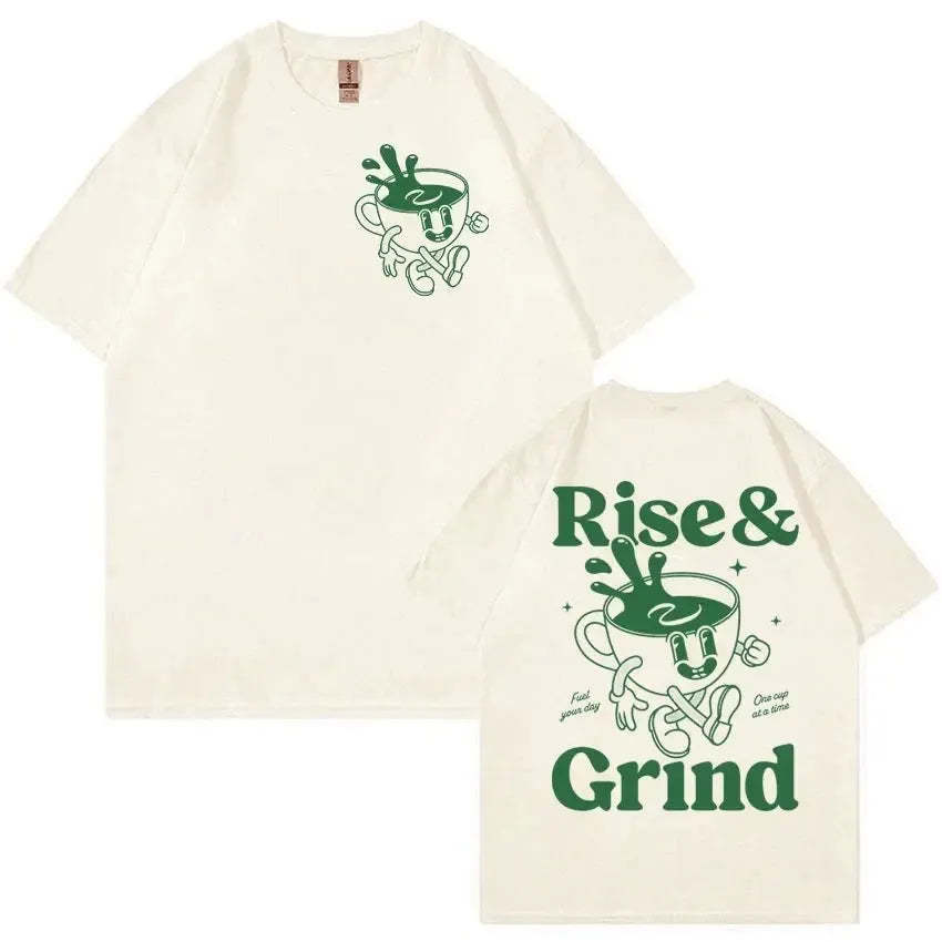 Loose-fit men's t-shirt with 'Rise and Grind' green coffee cartoon graphic in linen blend fabric