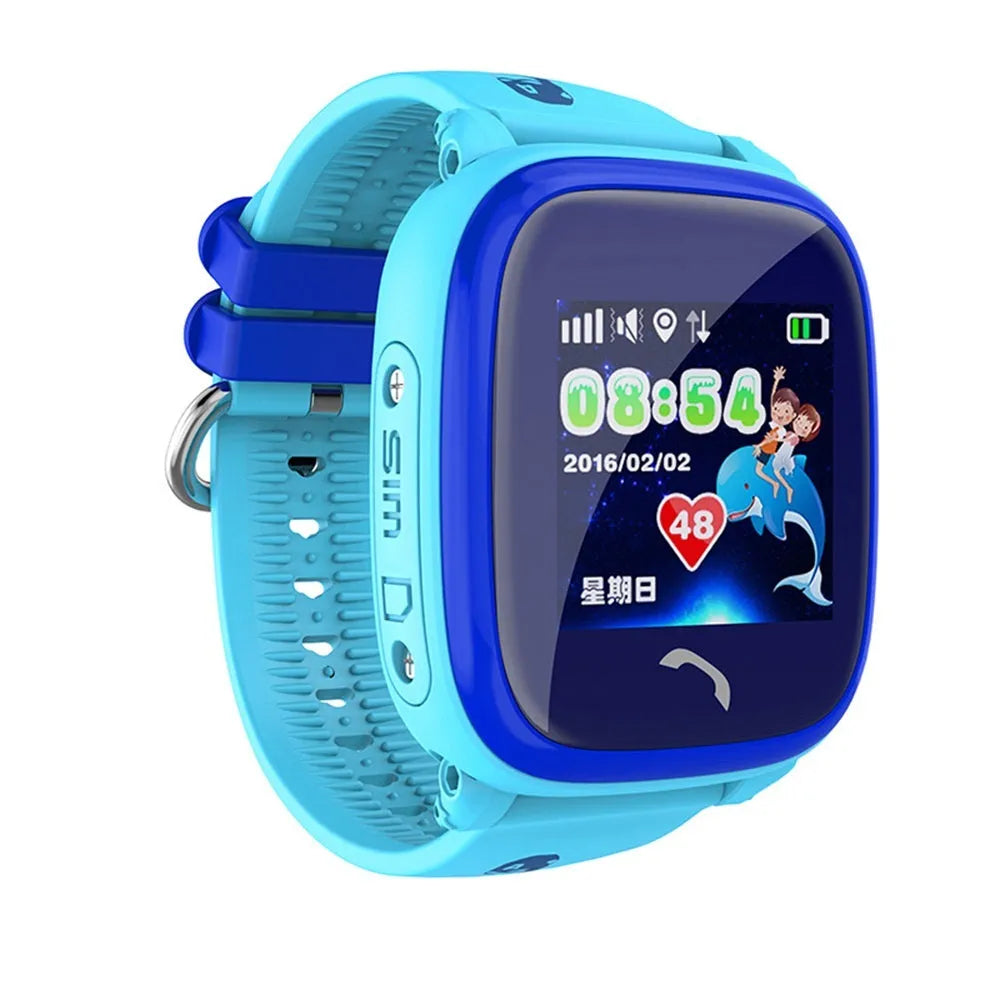 DF25 children's waterproof smart watch with blue silicone strap and touch screen display