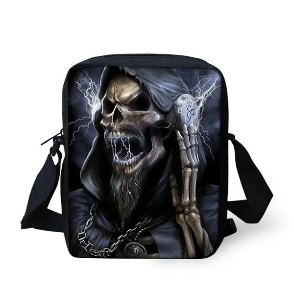Children's skull print messenger bag with double straps and 20-35 litre capacity