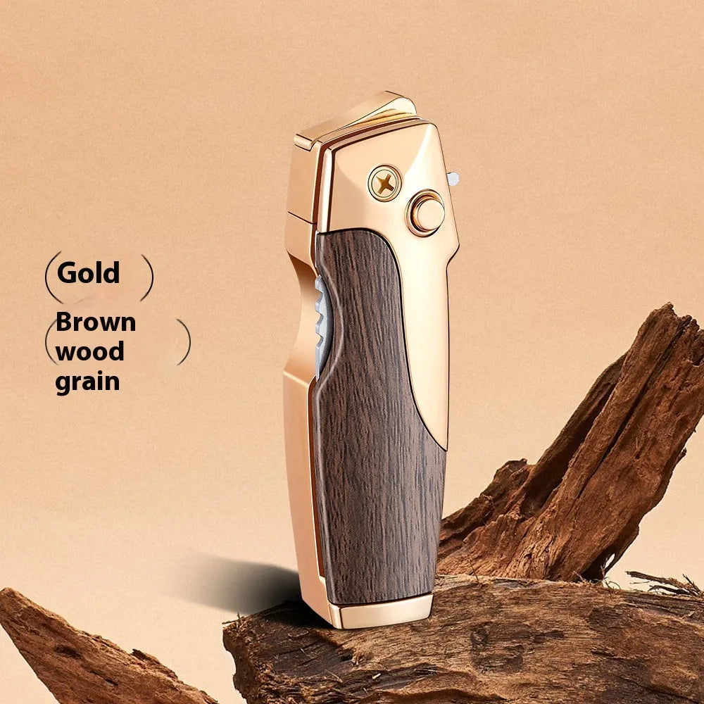 Zinc alloy folding lighter tool with integrated knife in a black wood grain finish.