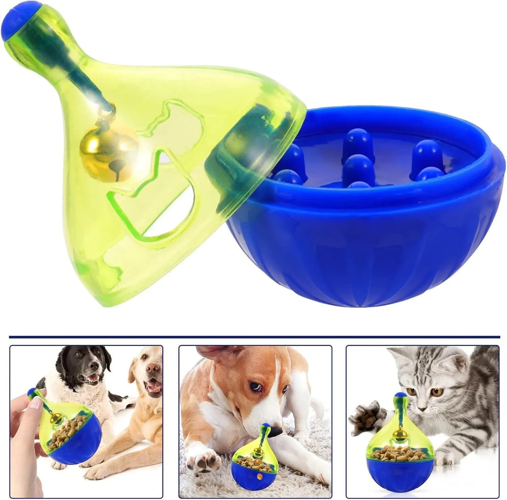 L-size interactive pet treat dispenser ball for dogs and cats, showing tumbler design with treat openings.