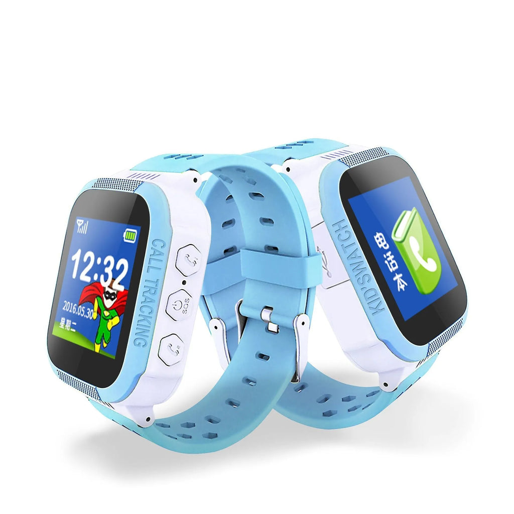 Blue children's phone watch with 1.44-inch colour touchscreen displaying interface