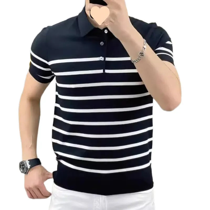Black and white striped pullover knitted t-shirt with lapel detail and non-iron chemical fibre blend fabric