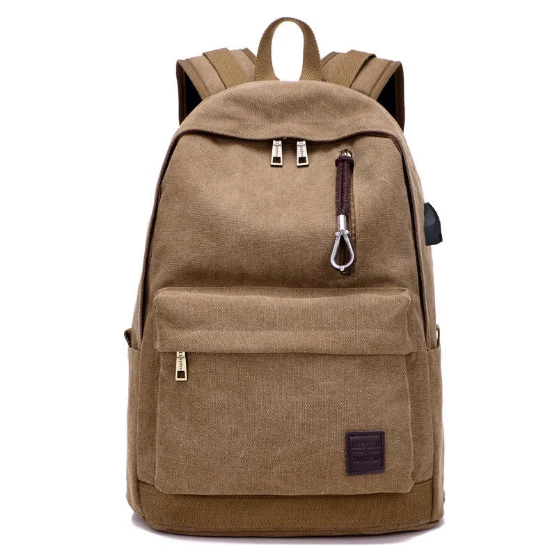 Canvas backpack with USB charging port shown in khaki colour