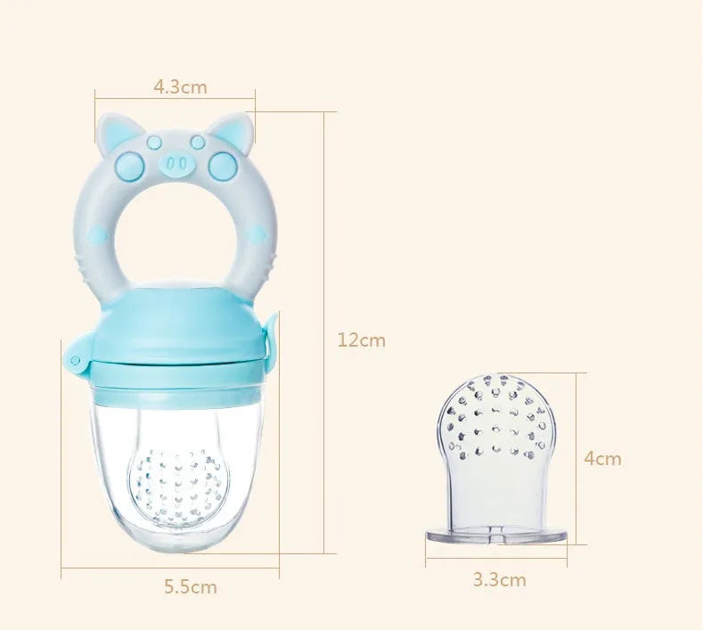 Soft BPA-free silicone baby teether in blue, green, or pink colour, shown in single and three-piece style options.