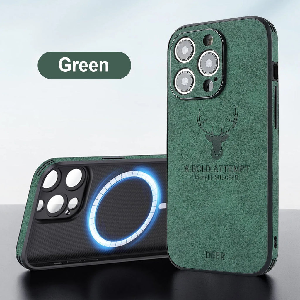 iPhone 16 magnetic charging case with embossed moose head design in imitation leather material, showing front and back views