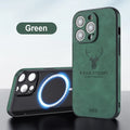 iPhone 16 magnetic charging case with embossed moose head design in imitation leather material, showing front and back views
