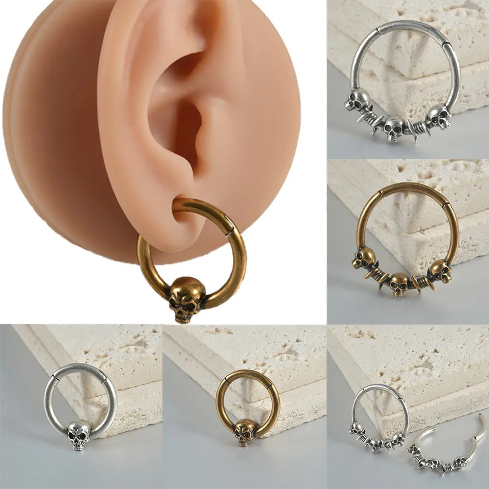 Copper punk earrings with ghost head design in antique silver or ancient gold colour