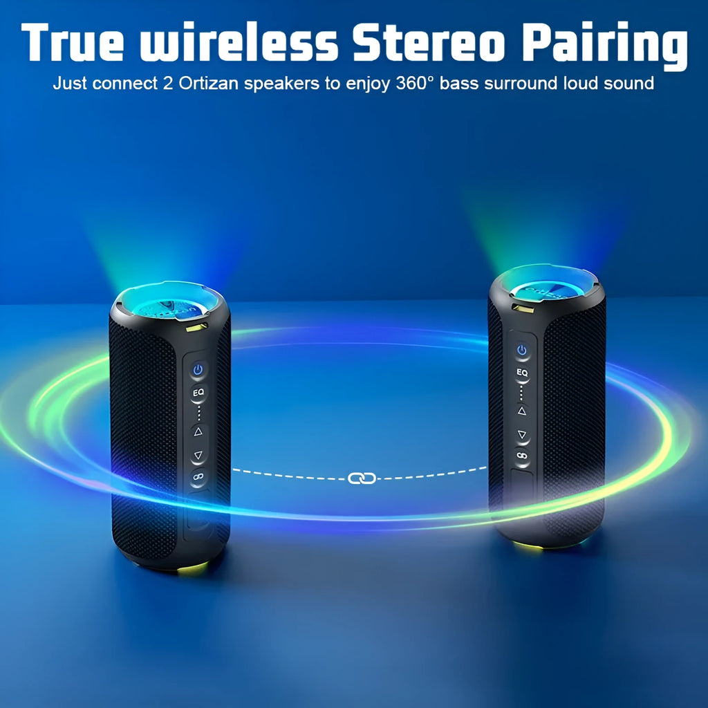 Black and blue fabric wireless Bluetooth speaker with LED lights showing front controls