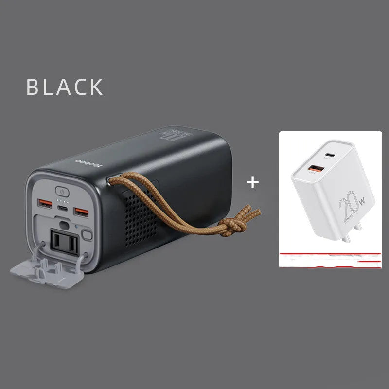 Black portable power bank with solar panel and multiple charging ports
