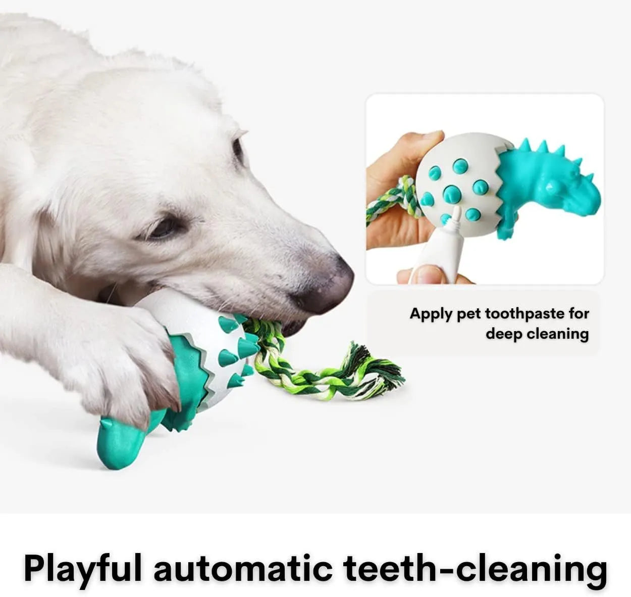 Blue durable rubber dinosaur dog chew toy with nylon rope for aggressive chewers