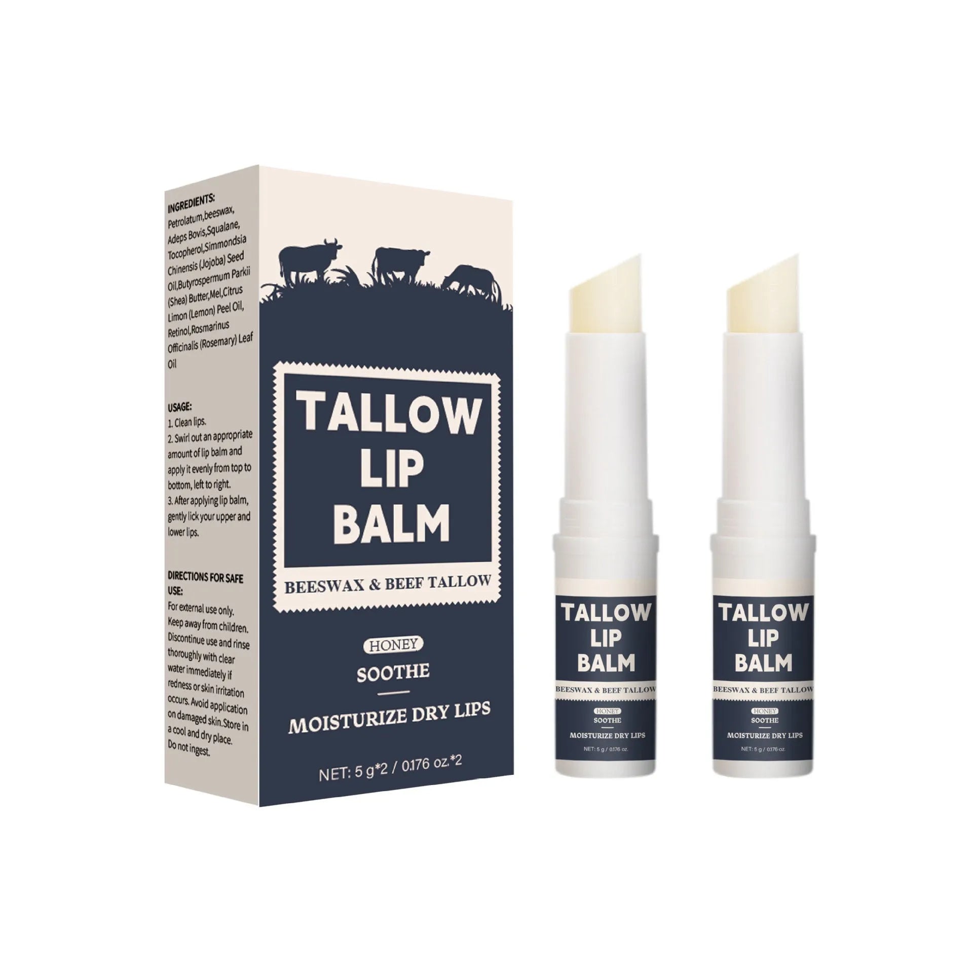 Two standard beef fat lip balms for dry lips, universal use.