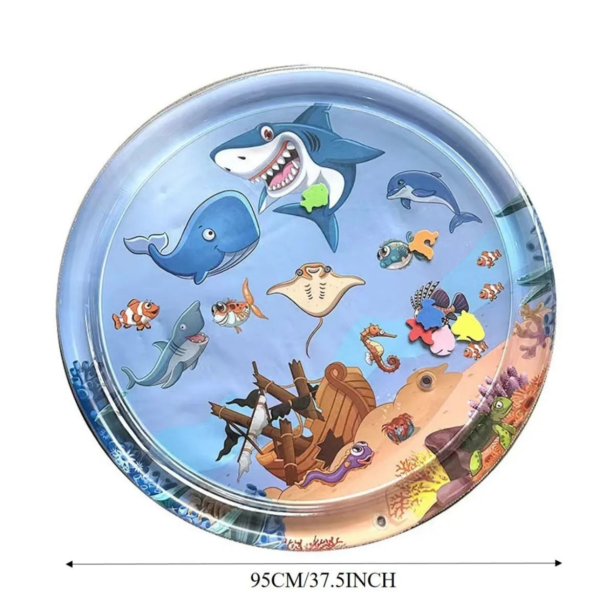 100cm square PVC water sensory playmat for cats with ocean fish design and floating toys