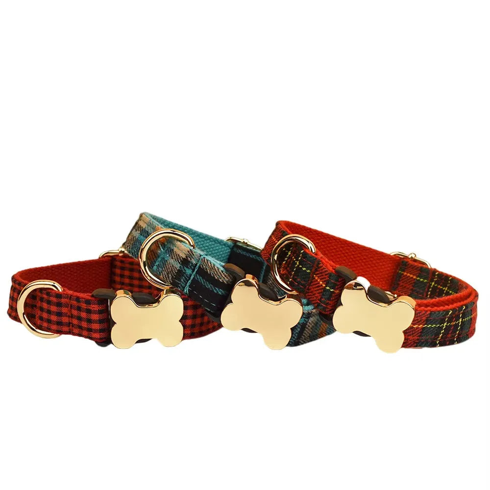 Flat printed grid nylon dog collar with a bone-shaped buckle in assorted colours