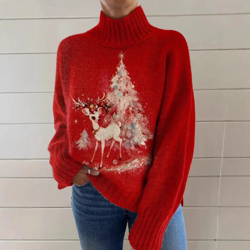 Women's Christmas printed turtleneck sweater in loose fit pullover style with long sleeves