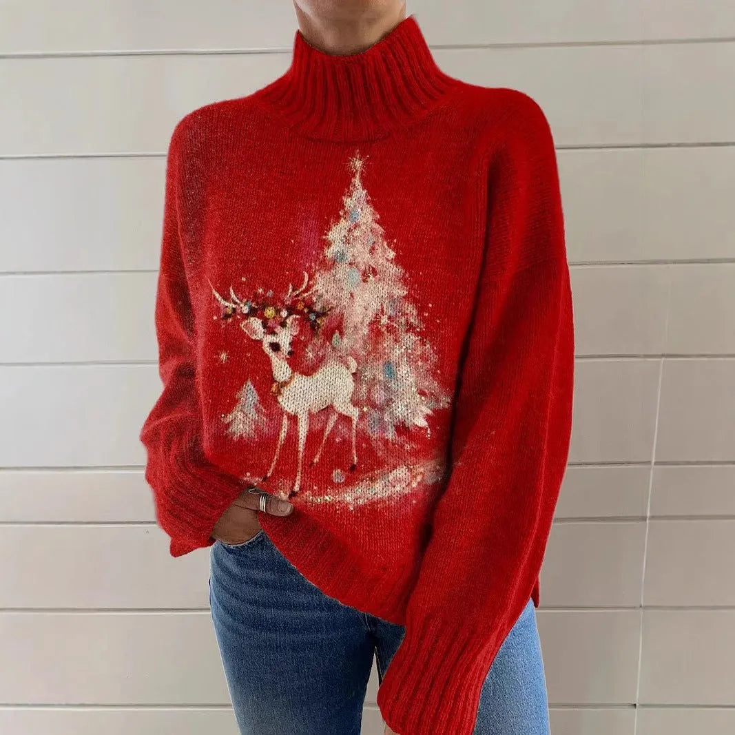 Women's Christmas printed turtleneck sweater in loose fit pullover style with long sleeves