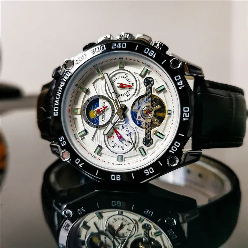Men's automatic mechanical watch with stainless steel case on wrist, showing multi-functional dial.