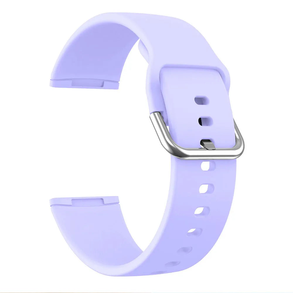 Silicone watch strap with silver buckle for Fitbit Versa 3 and Sense 2 in multiple colour options.
