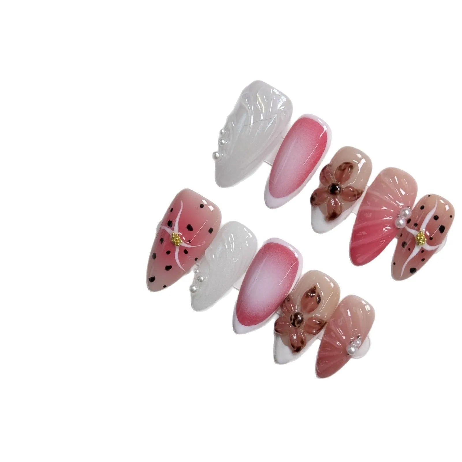 Hand-painted three-dimensional embossed nail art patches in candy colours, showing almond shape.