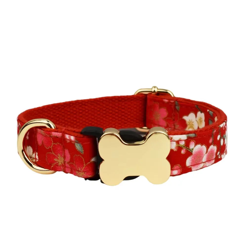 Flat printed grid nylon dog collar with a bone-shaped buckle in assorted colours