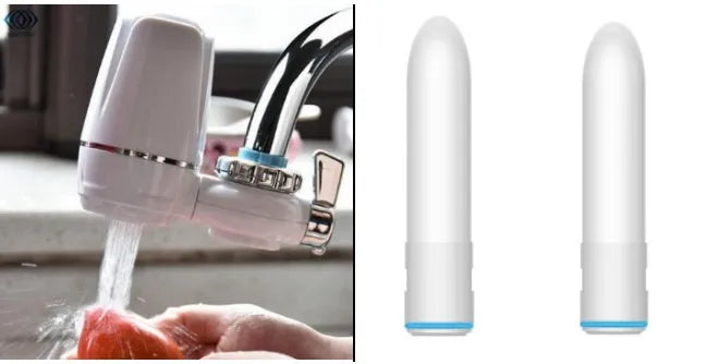 White plastic faucet-mounted water filter with ceramic cartridge and tap adapters