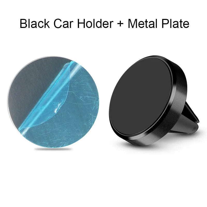 Magnetic car phone holder with aluminium alloy cradle shown in black, mounted on a car air vent.