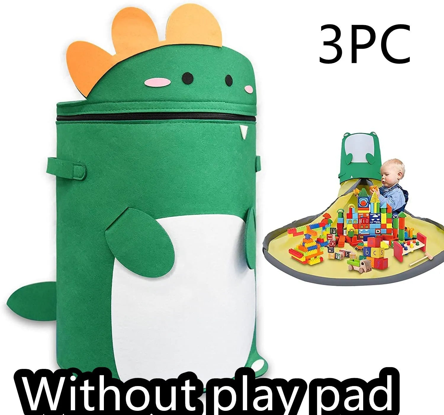 Green felt cube storage bag with pull rope shown as both toy container and play mat