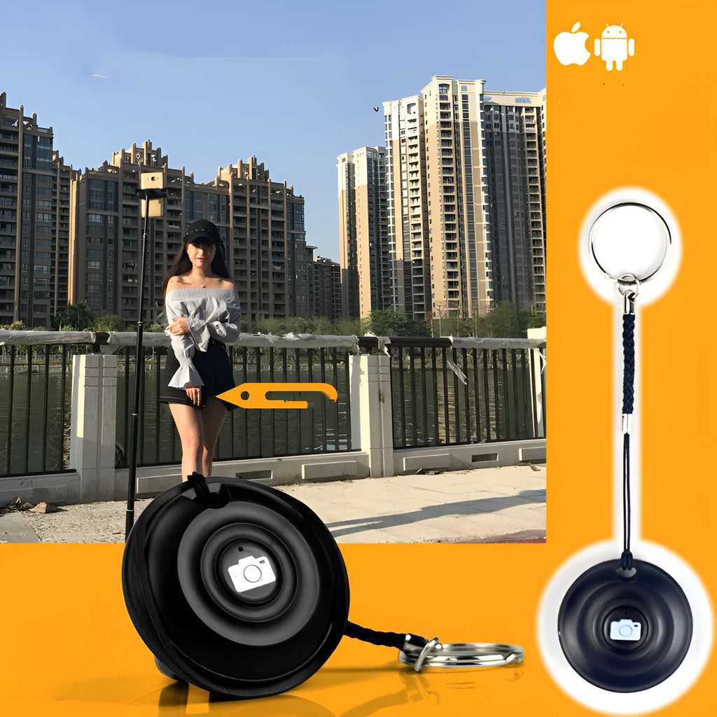 Black Bluetooth selfie remote control with snap button for wireless smartphone camera triggering