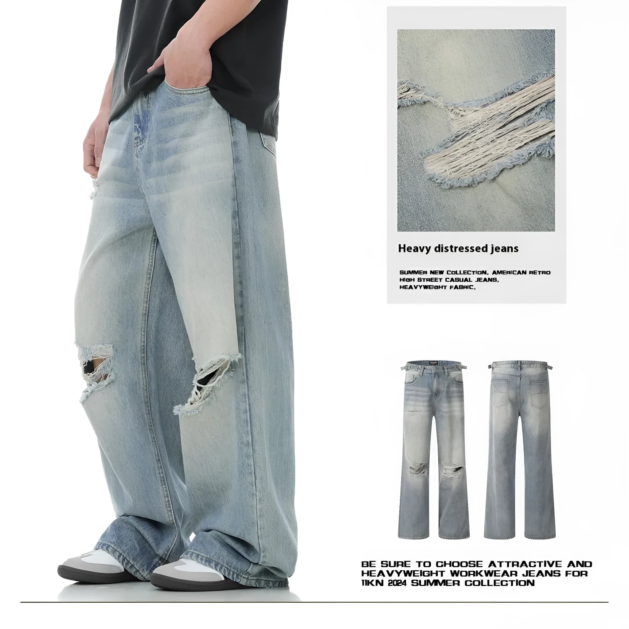 Blue wash straight-leg jeans with ripped detailing and zipper fly opening