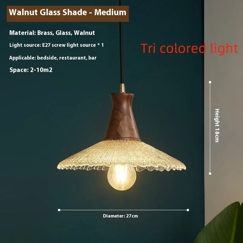 Retro brass and glass ceiling chandelier with wooden body for restaurant lighting