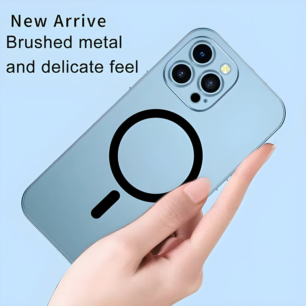 Aluminium alloy and PC magnetic protective case for iPhone in dark purple with nickel piece.