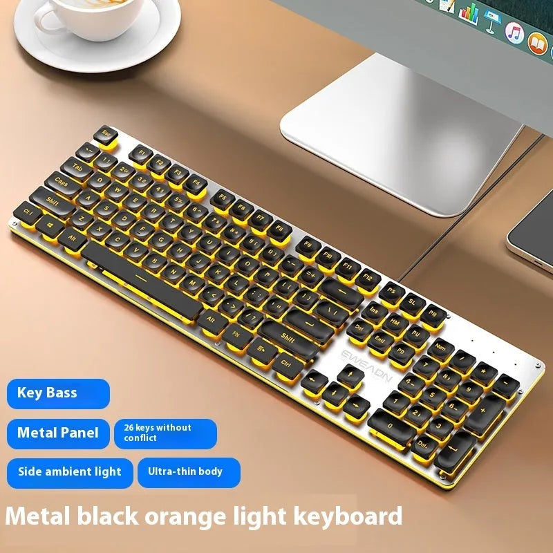 Wired computer keyboard with mute button and blue backlighting on a desk